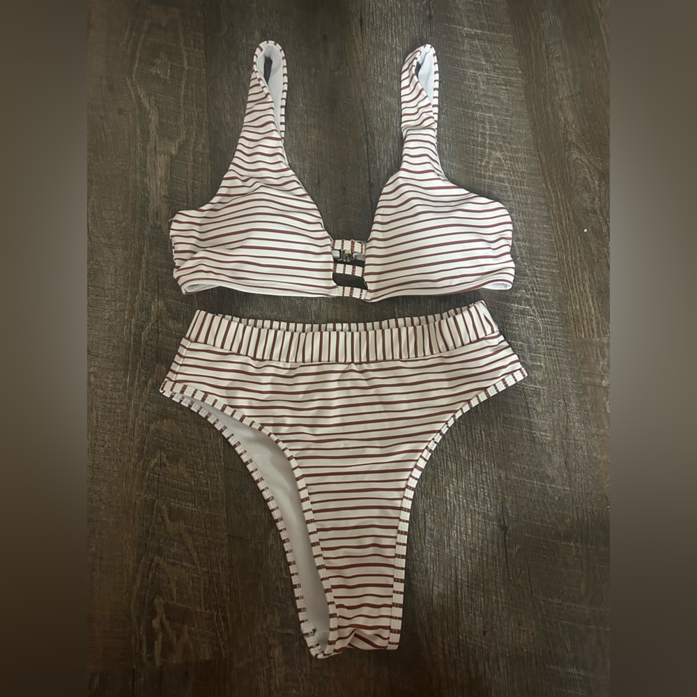 Red and white striped high wasted bathing suit